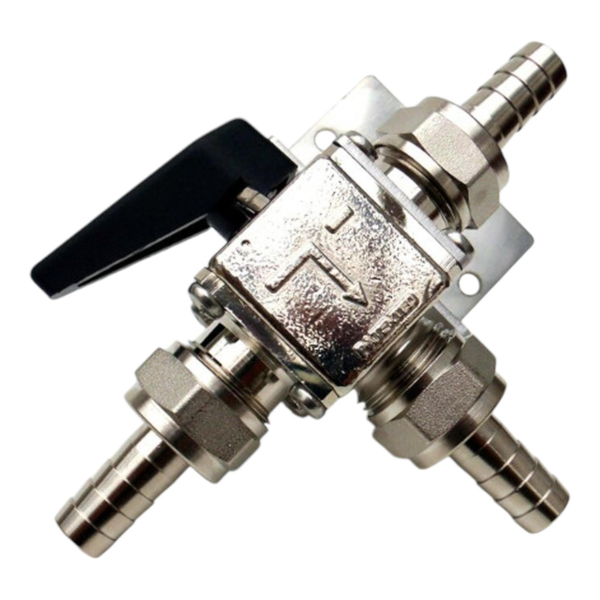 Dreiwegehahn Kugelhahn mit 10mm Edelstahl Tüllen - Edelstahleinsatz im Durchlauf