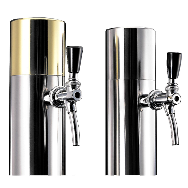 U-Form Edelstahlschanksäule 2 leitig TIN goldfarben Kappe Kupfer mit Bierhähne & Schläuche