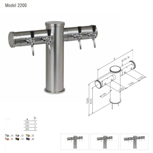 Schanksäule Doppelausleger aus 129/102 mm Rohr mit Kappe Kupfer poliert 5-leitig