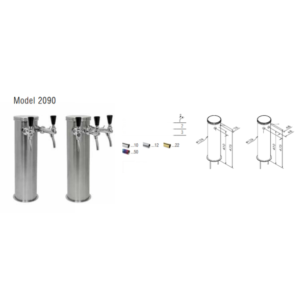 Schanksäule Zapfsäule Rohrschanksäule 129mm Edelstahl poliert 2-leitig mit Bierhahn & Schlauch