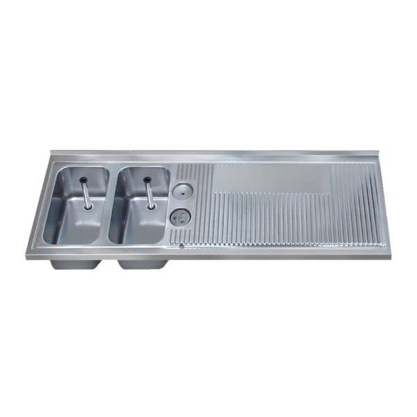 Thekenabdeckung Rillenablauffläche rundum Wulstrand 2 Becken links mit Druckspüler 1950mm