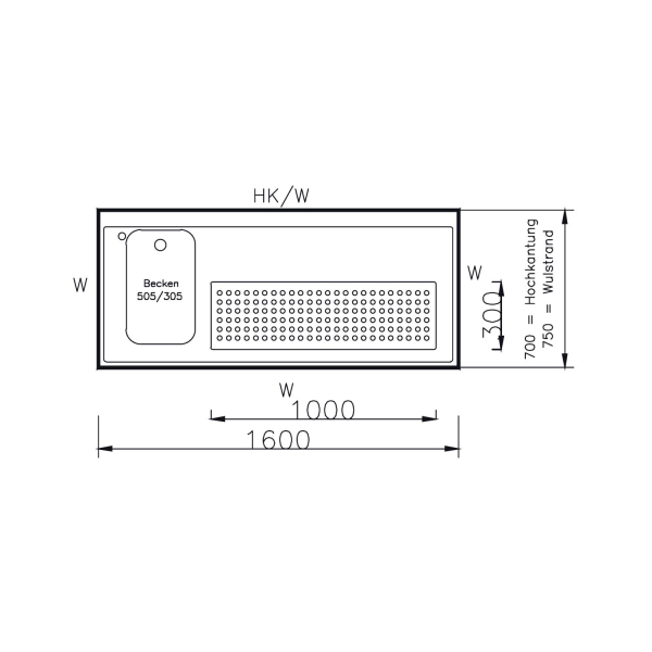 Thekenabdeckung 1600mm mit Tropfmulde & Lochplatte Hochkantung 1 Becken rechts mit Gläserdusche