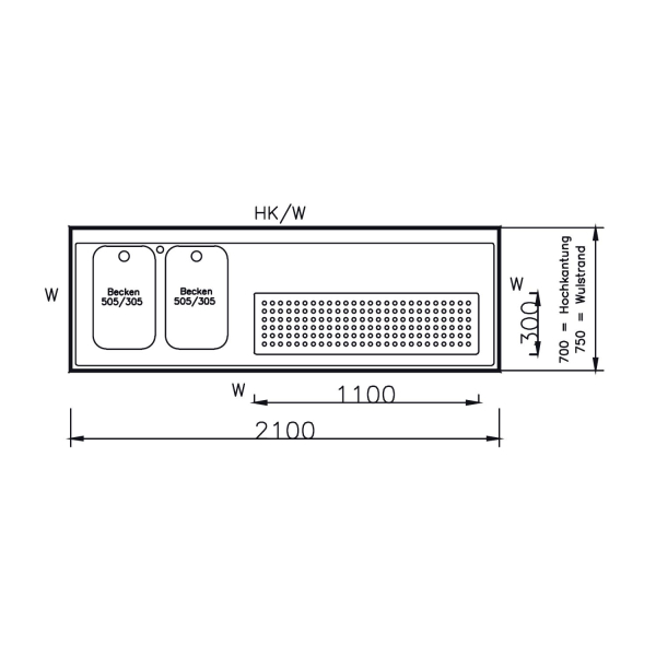 Thekenabdeckung 2100mm mit Tropfmulde & Lochplatte Hochkantung 2 Becken rechts mit Gläserdusche