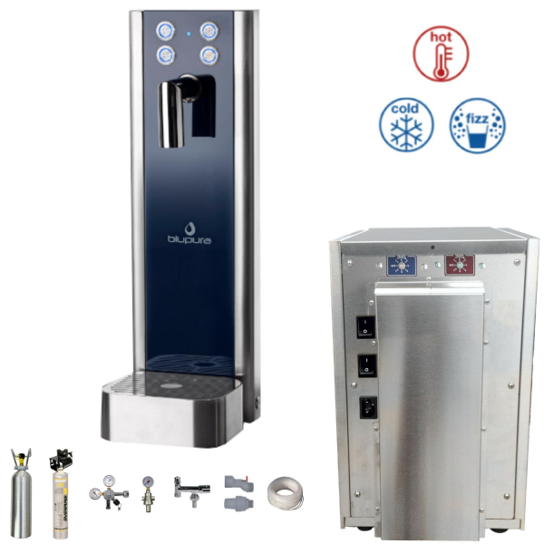 blupura Tafelwassergerät 30 Heisswasser inkl. Bluglass Tower ONE HOT & 2kg CO2