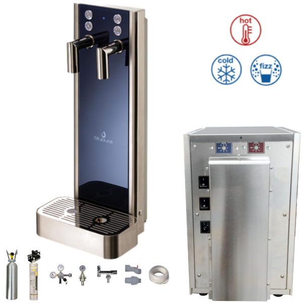 blupura Tafelwassergerät 30 Liter Heisswasser inkl. Bluglass Tower HOT & 2kg CO2