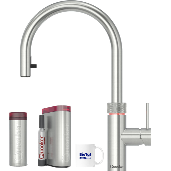 Quooker Wasserhahn Flex Voll Edelstahl & PRO3 Heißwasser & CUBE Sprudelwasser