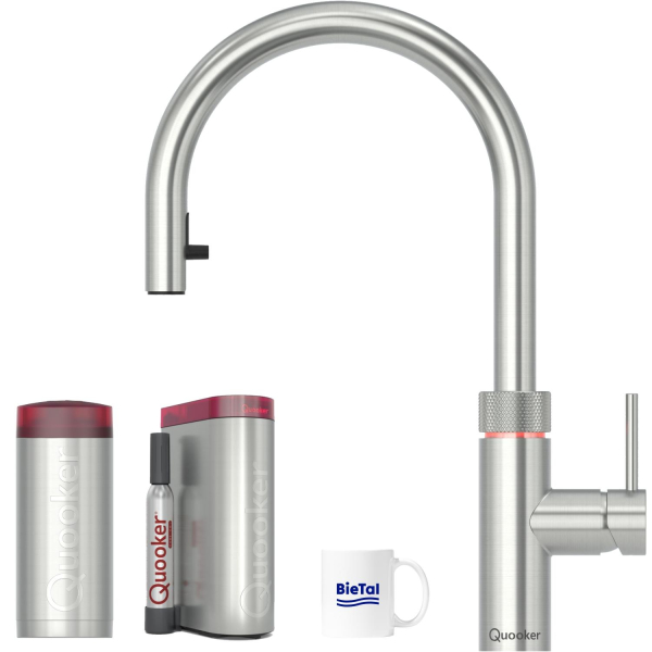 Quooker Wasserhahn Flex Voll-Edelstahl COMBI & gekühltes sprudelndes Wasser CUBE
