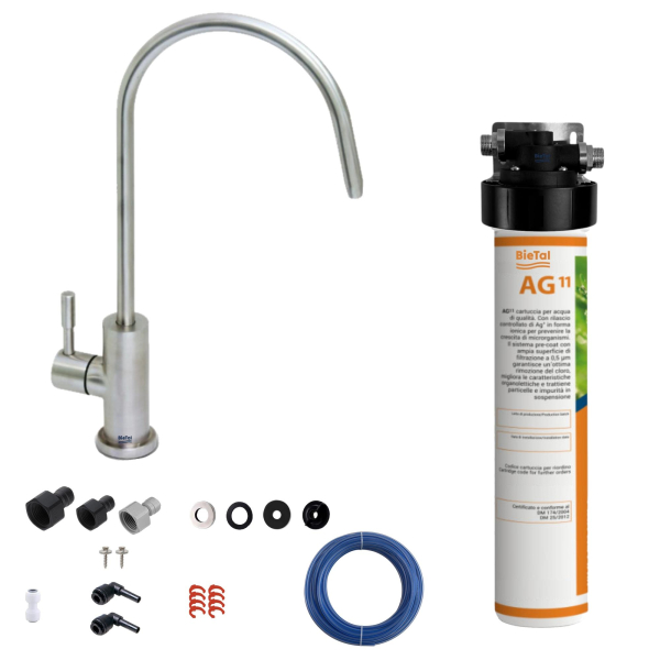 BieTal® Trinkwasser Wasserfilter System Aktivkohle & 1-Wege Wasserhahn Edelstahl