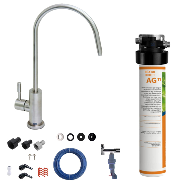 BieTal® Trinkwasserfilter System Aktivkohle 1-Wege Wasserhahn Edelstahl Wasserstop