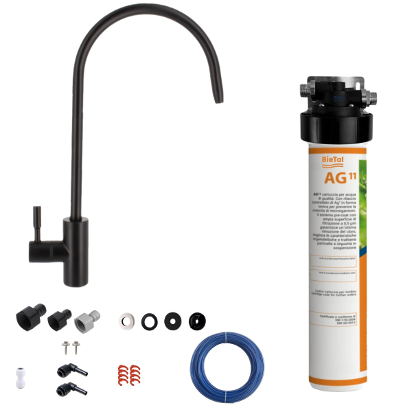 BieTal® Trinkwasser Wasserfilter System Aktivkohle & 1-Wege Wasserhahn Schwarz