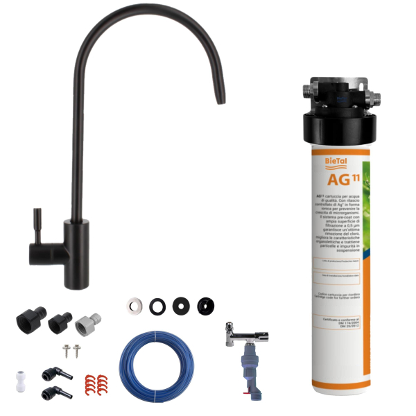 BieTal® Trinkwasserfilter System Aktivkohle 1-Wege Wasserhahn Schwarz Wasserstop