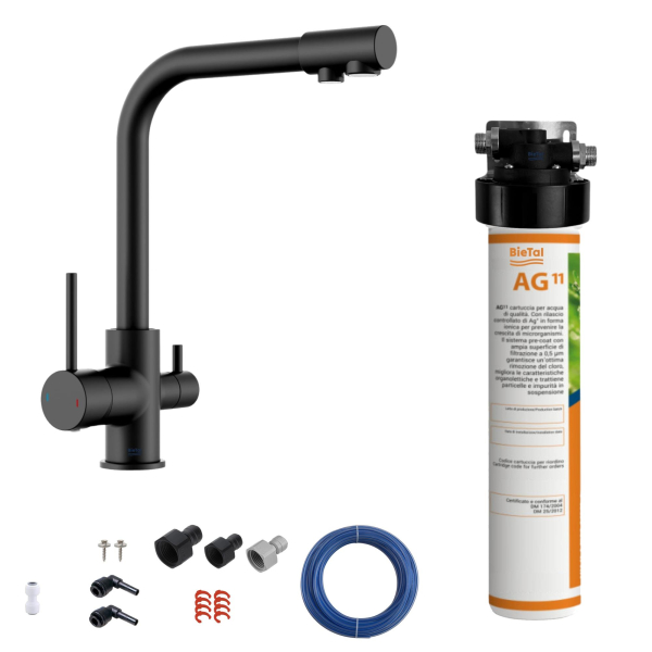 BieTal® Trinkwasser Wasserfilter System Aktivkohle 3-Wege Wasserhahn Schwarz Matt