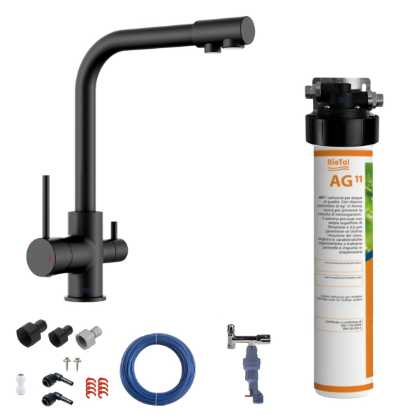 BieTal® Trinkwasserfilter System Aktivkohle 3-Wege Wasserhahn Schwarz Wasserstop
