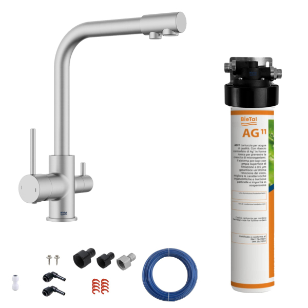 BieTal® Trinkwasser Wasserfilter System Aktivkohle 3-Wege Wasserhahn Edelstahl Look