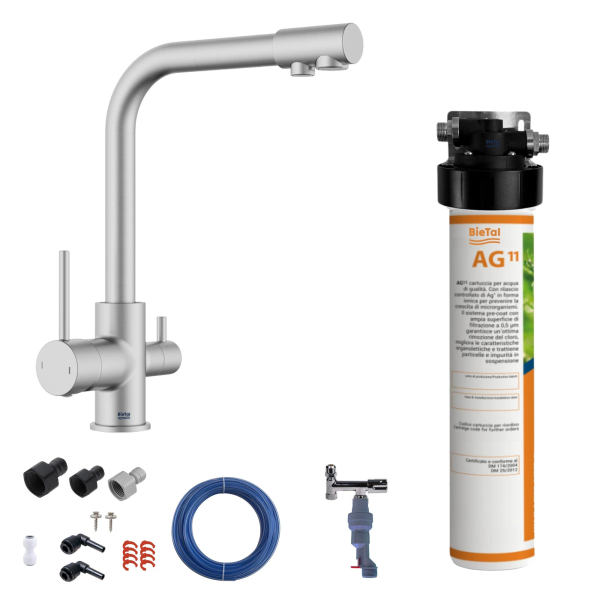 BieTal® Trinkwasserfilter System Aktivkohle 3-Wege Wasserhahn Edelstahl Wasserstop