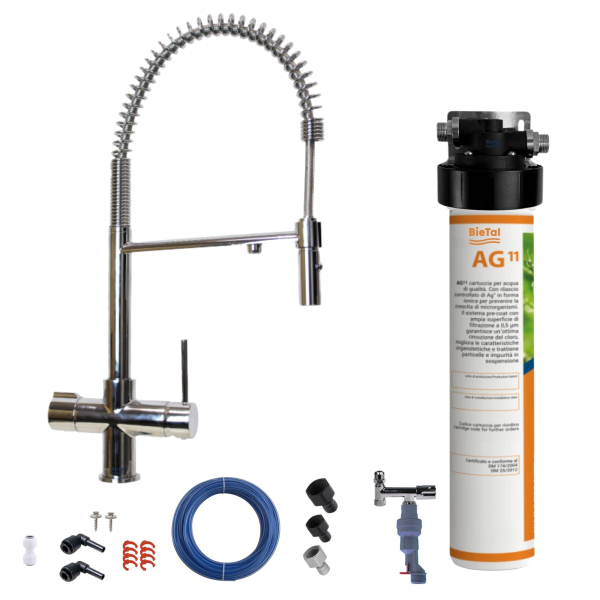 BieTal® Trinkwasserfilter Aktivkohle 3-Wege Wasserhahn Chrom Brause & Wasserstop