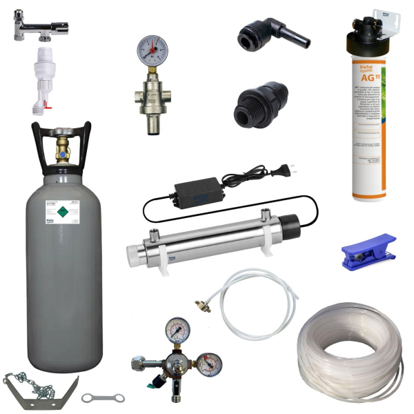 Anschlußpaket Sprudel Tafel Wasser Anlagen Geräte Auftisch Aktivkohle Filter UVC 6Kg CO2
