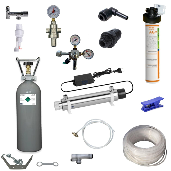 Anschlußpaket Sprudel Tafel Wasser Anlagen Geräte Untertisch Aktivkohle Filter UVC 2Kg CO2