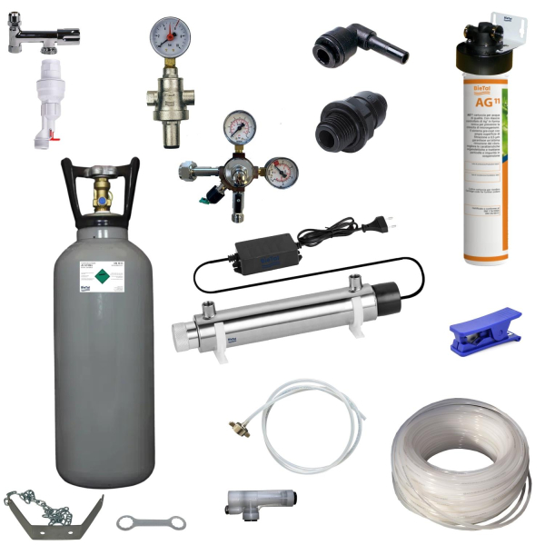 Anschlußpaket Sprudel Tafel Wasser Anlagen Geräte Untertisch Aktivkohle Filter UVC 6Kg CO2
