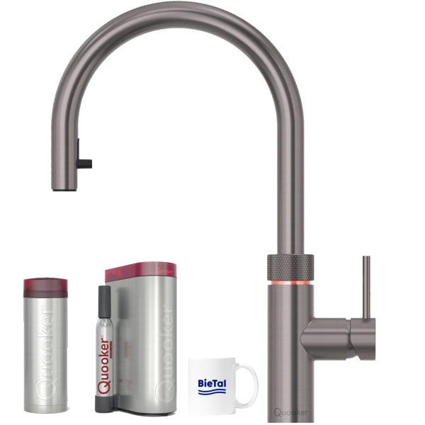 Quooker Wasserhahn Flex Gunmetal & PRO3 Heißwasser Reservoire & CUBE Sprudelwasser