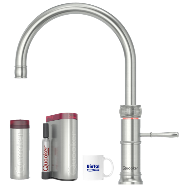 Quooker Wasserhahn Classic Fusion Round Voll Edelstahl & PRO3 & CUBE Sprudelwasser