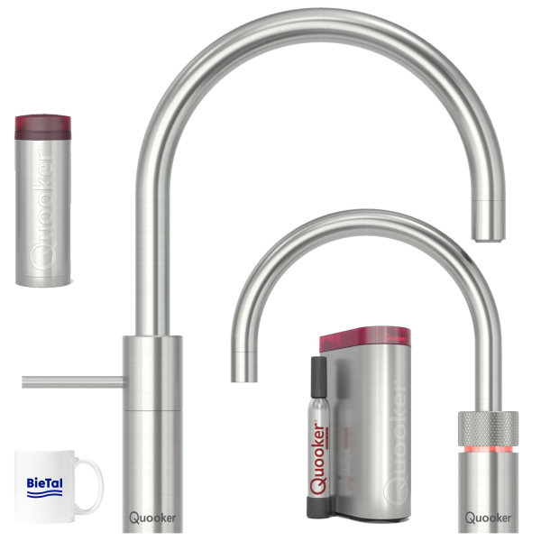 Quooker Wasserhahn Nordic Round Twintaps Voll Edelstahl PRO3 CUBE Sprudelwasser