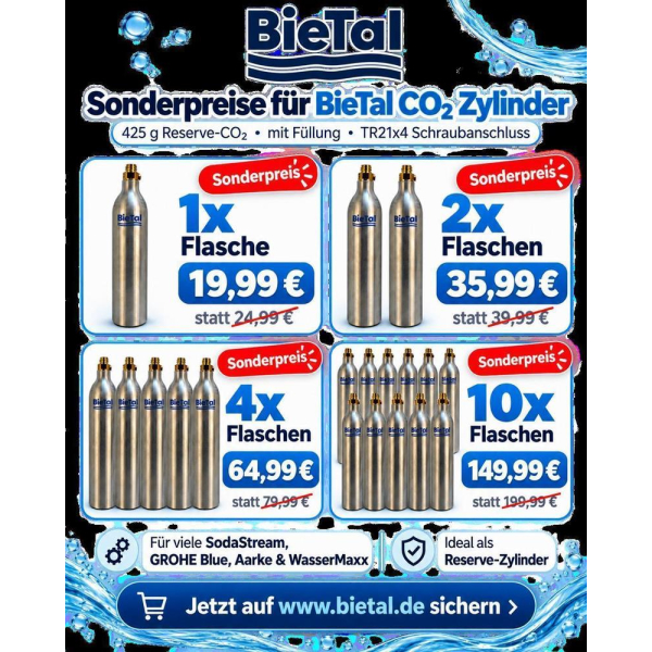 BieTal® CO2 Zylinder 425g Kohlensäureflasche SodaStream GROHE Blue Aarke TR21x4