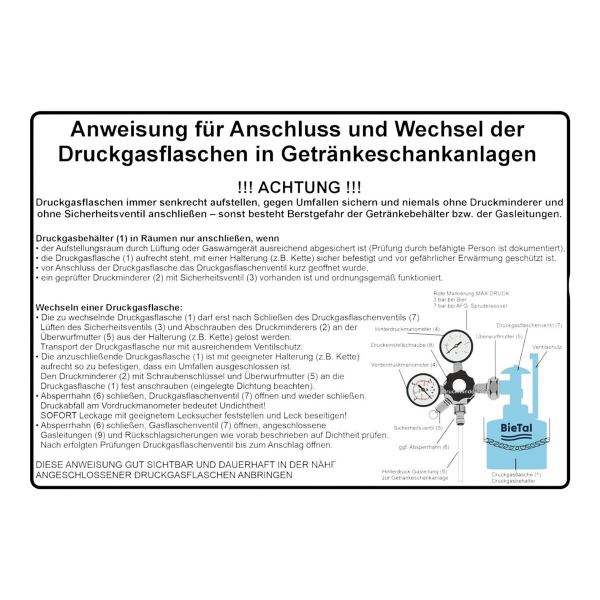 Aufkleber Betriebsanweisung Druckgasflaschen BGR228 für Getränkeschankanlagen